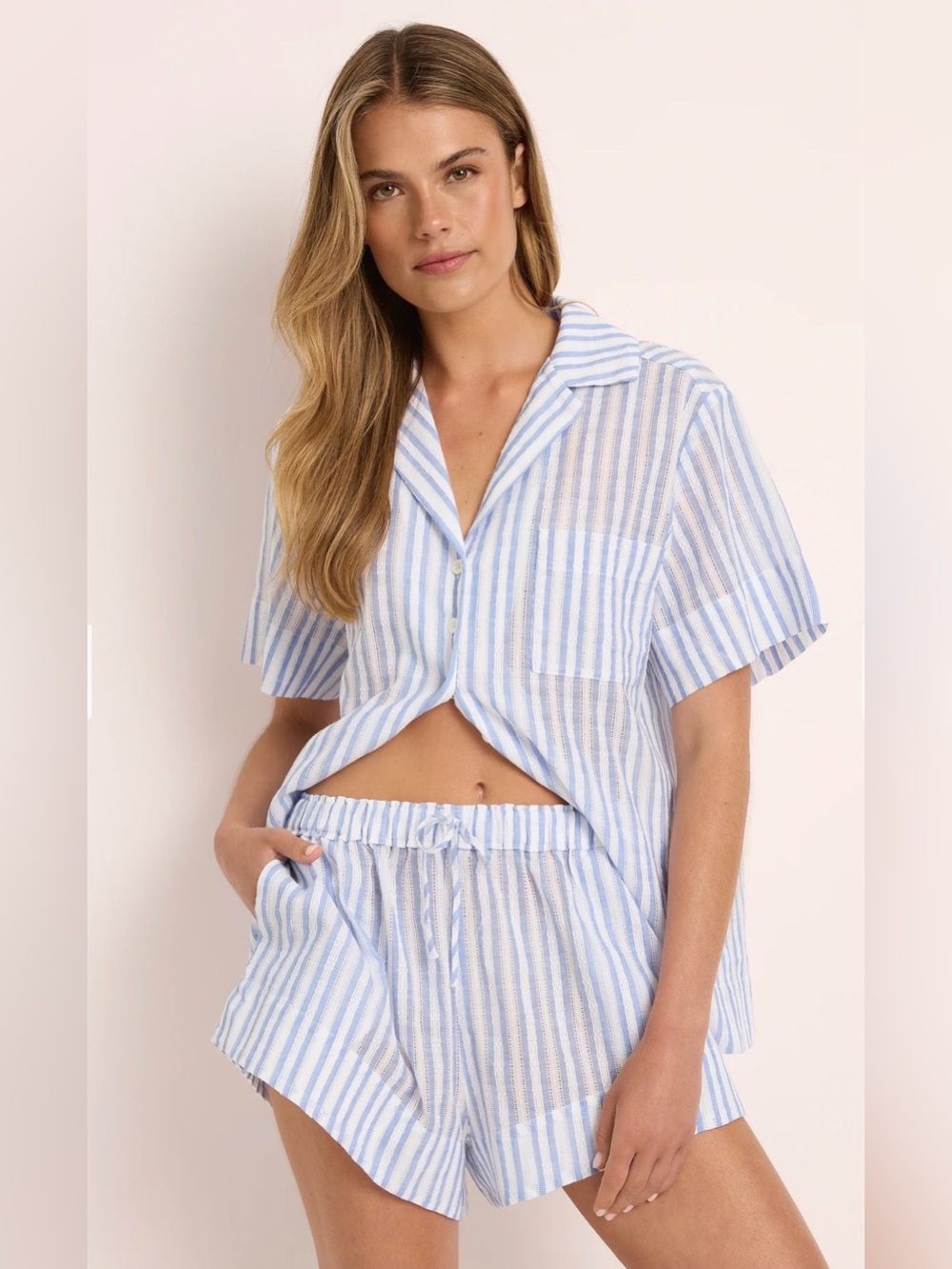NWT Homebodii Leilani 100% Cotton Short PJ Set – Blue Stripe Large
